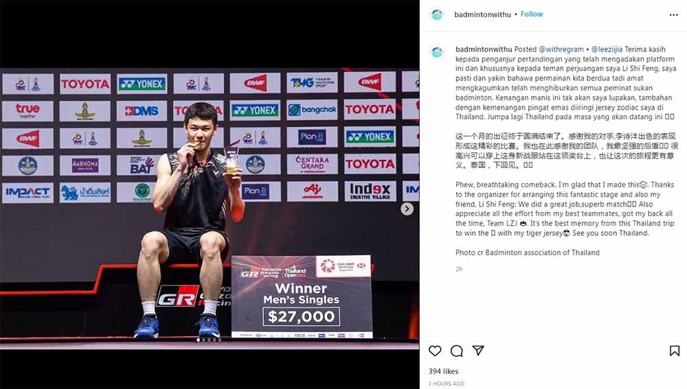 Lee Zii Jia di podium Thailand Open 2022. Foto: Instagram@badmintonwithu Copyright: © Instagram@badmintonwithu