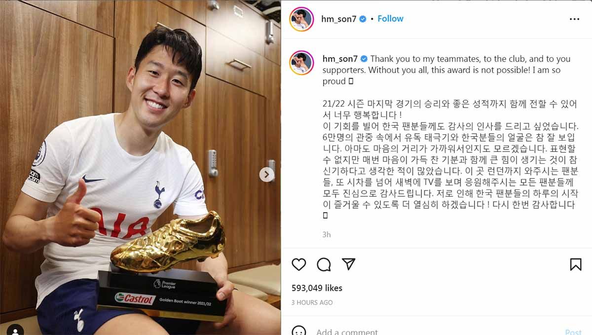 Son Heung-min raih Sepatu Emas Liga Inggris. Foto: Instagram@hm_son7 Copyright: © Instagram@hm_son7