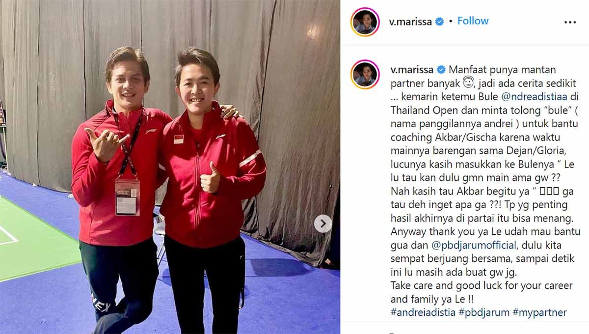 Legenda bulutangkis Indonesia, Vita Marissa, ungkap kegembiraan saat dia melakukan duet lagi dengan mantan partnernya, Andrei Adistia, di Thailand Open 2022. Copyright: © Instagram@v.marissa