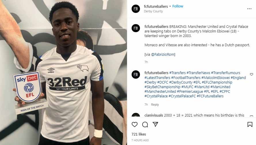 Malcolm Ebiowei, mantan pemain Derby County, yang lebih memilih berlabuh ke Crystal Palace daripada Manchester United. Copyright: © Instagram@#malcolmebiowei