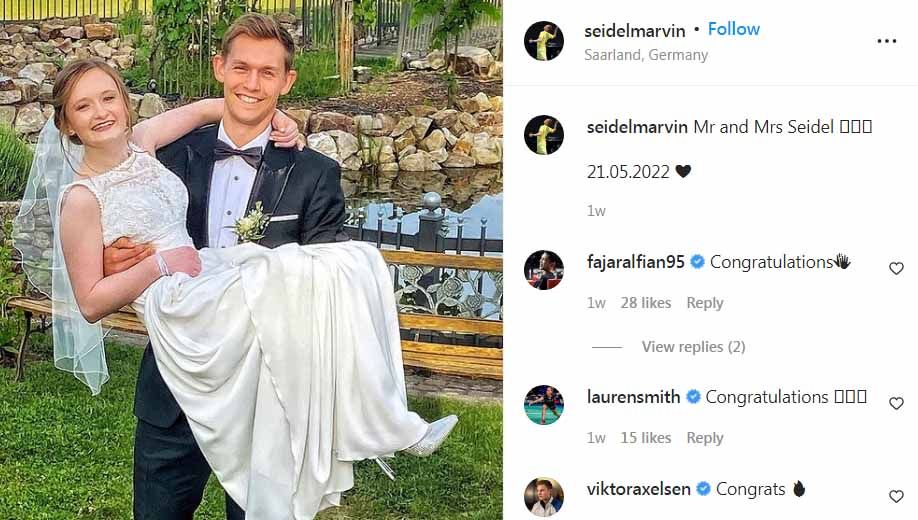Pebulutangkis spesialis ganda asal Jerman, Marvin Seidel, baru saja melangsungkan pernikahan dengan seorang perempuan cantik yang diketahui bernama Katrin. Copyright: &copy; Instagram@seidelmarvin