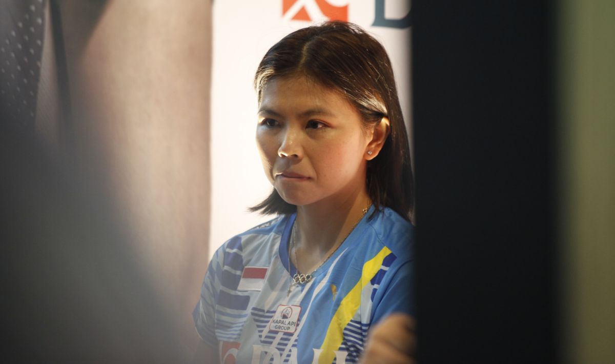 Legenda ganda putri Indonesia, Greysia Polii pada acara konfrensi pers  Copyright: © Herry Ibrahim/INDOSPORT