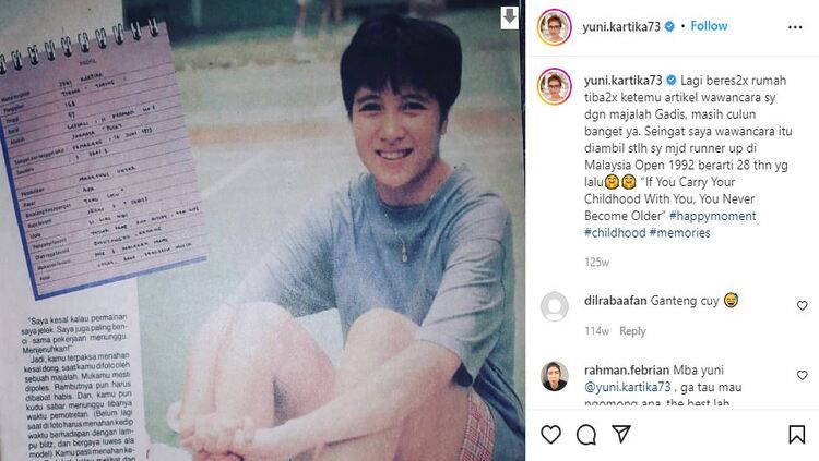 Terkuak, foto cantik Yuni Kartika di Majalah Gadis tahun 1992, tapi ia menolak tawaran jadi model demi mengejar prestasi di cabang olahraga bulutangkis. Copyright: © Instagram @yuni.kartika73