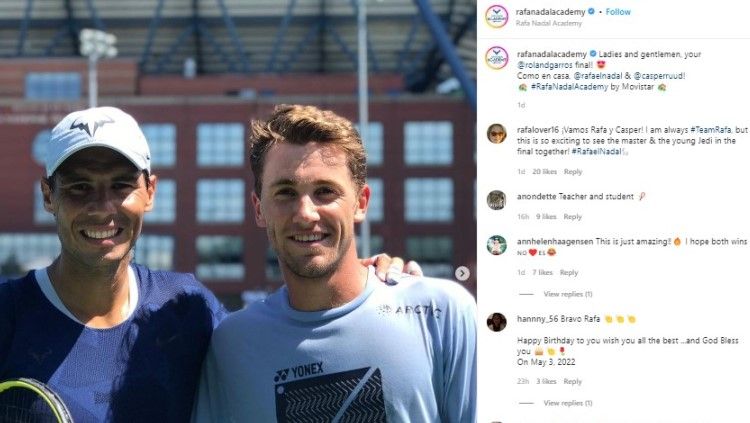 Rafael Nadal dan Casper Ruud berjumpa di final French Open 2022. Foto: instagram/rafanadalacademy. Copyright: © instagram/rafanadalacademy