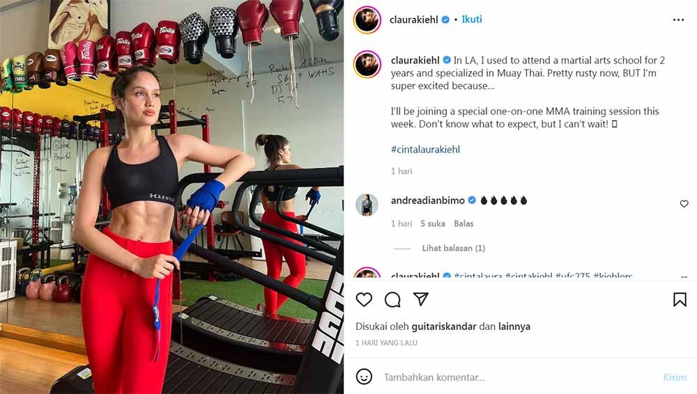 Artis cantik pegiat workout, Cinta Laura, menunjukkan aksi joget penuh enerjik buang kalori demi memanfaatkan waktu luangnya di hari Minggu. Copyright: © Instagram@claurakiehl