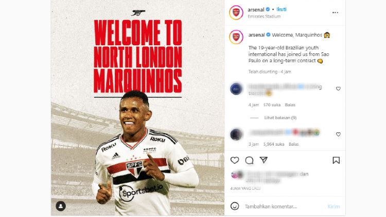 Klub Liga Inggris, Arsenal, baru saja meresmikan perekrutan pemain anyar mereka di bursa transfer musim panas ini, yakni sang striker muda bernama Marquinhos. Copyright: © instagram.com/arsenal/