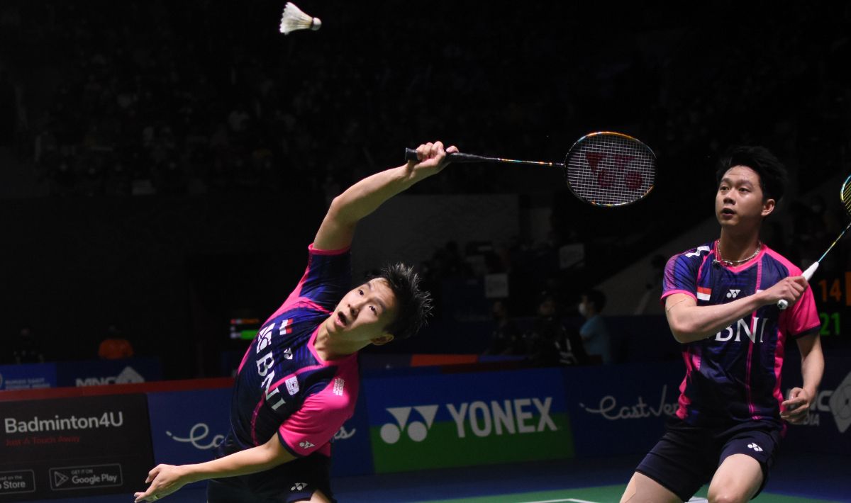 Pasangan ganda putra Indonesia, Kevin Sanjaya Sukamuljo/Marcus Fernaldi Gideon takluk dari Liang Wei Keng/Wang Chang, di India Open 2023. Copyright: © Herry Ibrahim/INDOSPORT