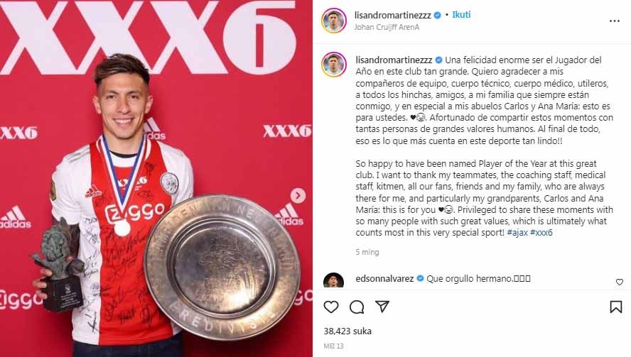 Bek Ajax Amsterdam, Lisandro Martinez sah merantau ke Liga Inggris untuk bergabung dengan Manchester United di bursa transfer musim panas ini. Copyright: © Instagram@lisandromartinezzz