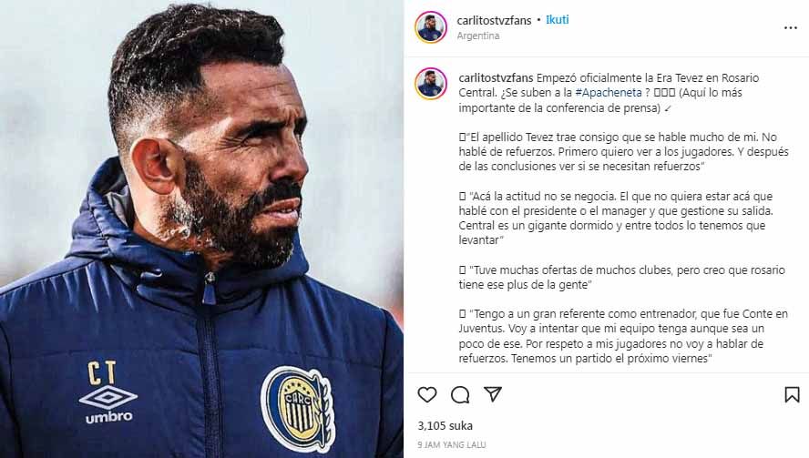 Carlos Tevez sebagai pelatih Rosario Central, tim Argentina. Foto: Instagram@carlitostvzfans Copyright: © Instagram@carlitostvzfans