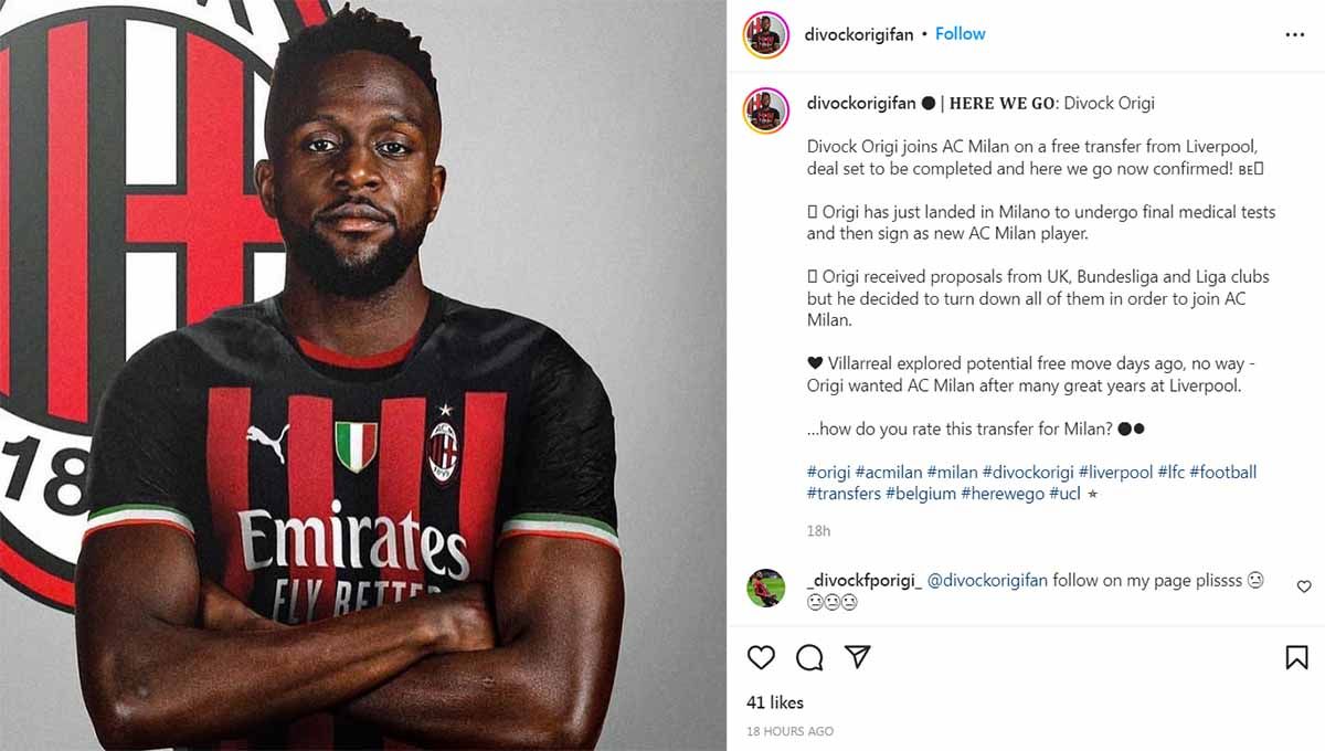 Penyerang Timnas Belgia, Divock Origi, dikabarkan sudah tiba di La Madonnina Clinic untuk menyelesaikan transfernya bersama AC Milan. Foto: Instagram@divockorigifan Copyright: © Instagram@divockorigifan