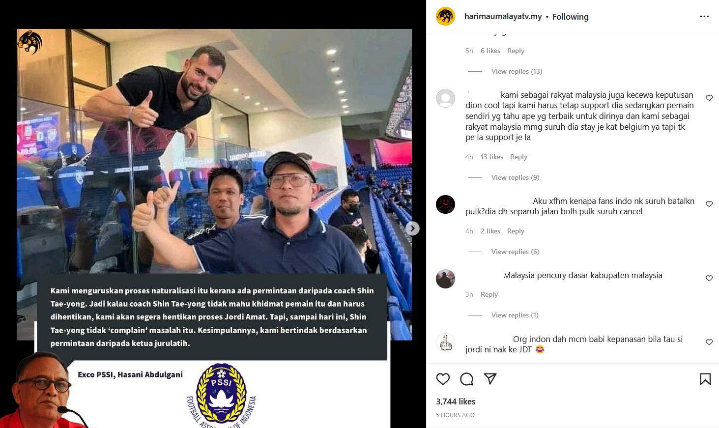 Komentar Netizen Malaysia dan Indonesia soal Jordi Amat Copyright: © Instagram: harimaumalayatv.my