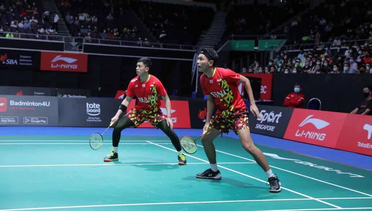 Pasangan ganda putra Indonesia, Fajar Alfian/Muhammad Rian Ardianto di laga Singapore Open 2022. Foto: PBSI Copyright: © PBSI