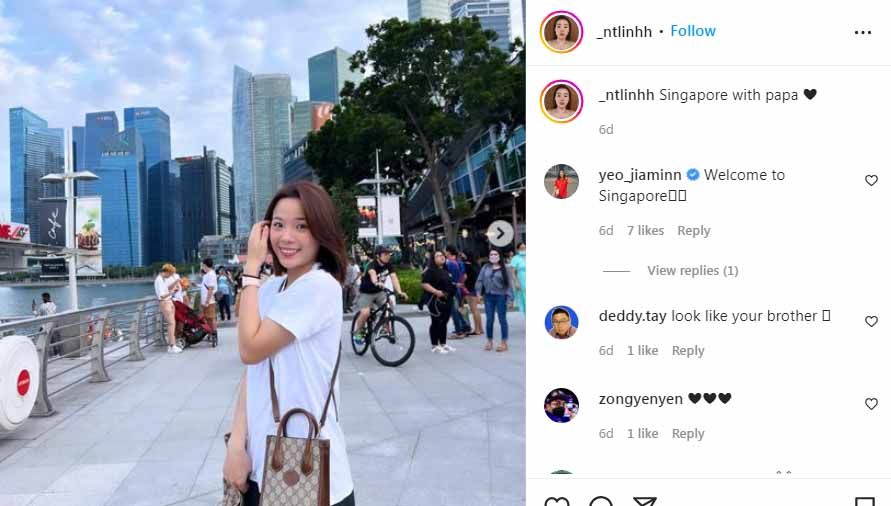 Seperti Lianne Tan asal Belgia, pebulutangkis tunggal putri Vietnam, Nguyen Thuy Linh, juga menikmati liburannya di Singapura. Copyright: © Instagram@_ntlinhh