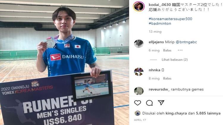 Berhasil mengalahkan Shesar Hiren Rhustavito di Australian Open 2022, Kodai Naraoka siap menjalani debutnya di BWF World Tour Finals 2022. Copyright: © Instagram @kodai_.0630