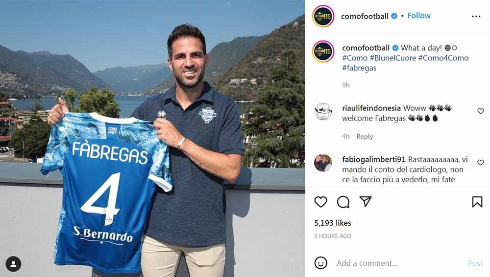 Berikut empat pesepak bola aktif yang punya saham di suatu klub seperti halnya Cess Fabregas yang memiliki saham di Como 1907. Foto: Instagram@comofootball Copyright: © Instagram@comofootball