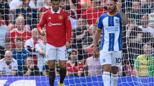Reaksi Cristiano Ronaldo di laga Liga Inggris antara Manchester United v Brighton. Foto: REUTERS/Toby Melville Copyright: © REUTERS/Toby Melville