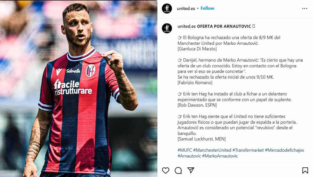 Klub Liga Inggris (Premier League), Manchester United, dikabarkan menaikkan tawaran pada penyerang Bologna, Marko Arnautovic. Copyright: © Instagram@#markoarnautovic