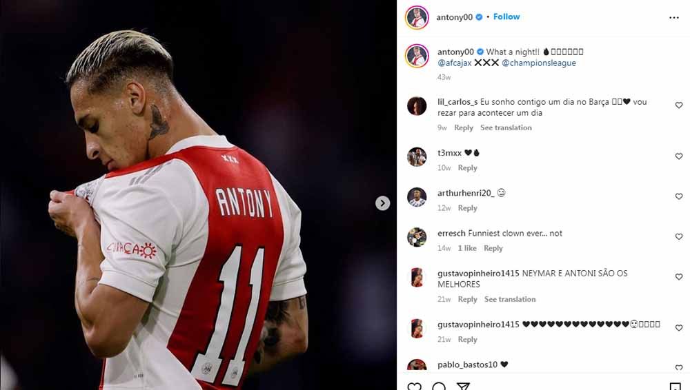 Kepindahan sayap asal Brasil, Antony ke klub raksasa Liga Inggris, Manchester United, hanya tinggal menunggu persetujuan dari Ajax Amsterdam saja. Foto: Instagram@antony00 Copyright: © Instagram@antony00