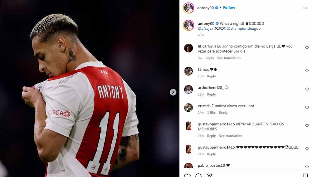 Pelatih Ajax Amsterdam, Alfred Schreuder, ogah menerima duit segepok Manchester United dan malah mencak-mencak pinta Antony untuk bertahan. Foto: Instagram@antony00 Copyright: © Instagram@antony00