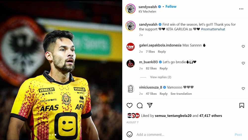 Sandy Walsh catatkan satu assist saat KV Mechelen bekuk Westerlo 5-4 pada hari yang sama dengan penentuan status naturalisasinya di timnas Indonesia. Foto: Instagram@sandywalsh Copyright: © Instagram@sandywalsh