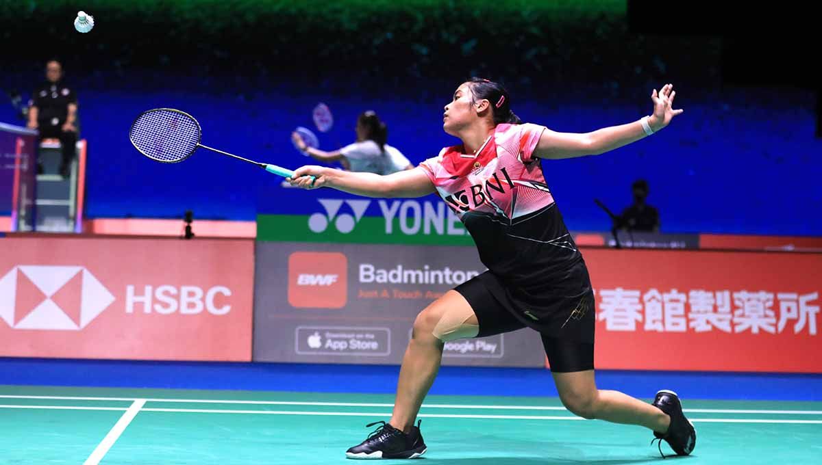 Tunggal putri Indonesia, Gregoria Mariska Tunjung, membongkar kunci lolos ke perempat final Japan Open 2022 meski nyaris tertikung lawannya dari Chinese Taipei. Foto: PBSI Copyright: © PBSI