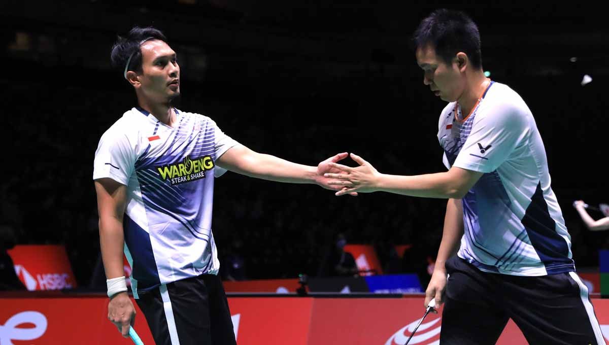 Berikut ini hasil Kejuaraan Dunia Bulutangkis 2022 antara Mohammad Ahsan/Hendra Setiawan melawan vs Mark Lamsfuss/Marvin Seidel. Foto: PBSI Copyright: © PBSI