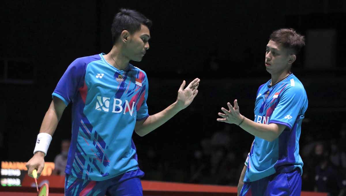 Pasangan ganda putra Indonesia, Fajar Alfian dan Muhammad Rian Ardianto di Kejuaraan Dunia Bulutangkis 2022. Foto: PBSI Copyright: © PBSI