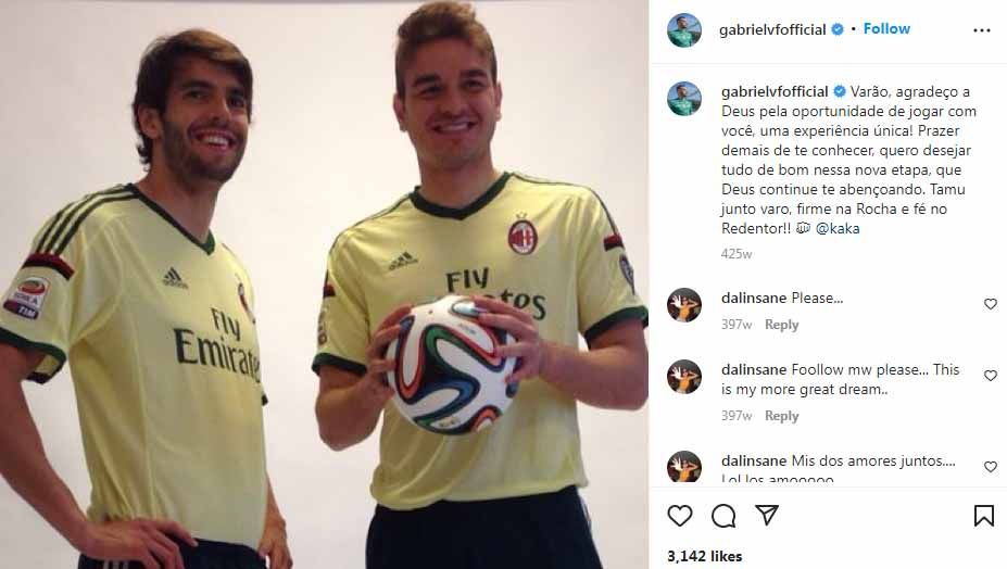 Gabriel Vasconcelos Ferreira (kanan) saat bersama Kaka di klub Liga Italia, AC Milan. Foto: Instagram@gabrielvfofficial. Copyright: © Instagram@gabrielvfofficial