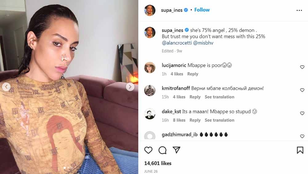 Ines Rau, kekasih Kylian Mbappe yang ternyata seorang transgender. Foto: Instagram@supa_ines Copyright: © Instagram@supa_ines