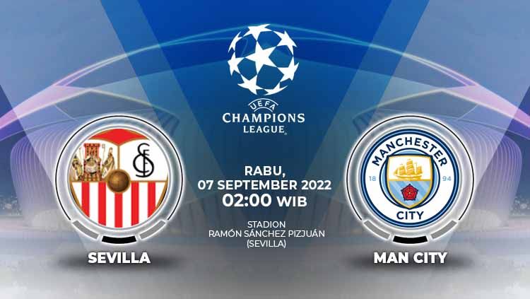 Hasil Liga Champions 2022/2023 matchday pertama Grup G antara Sevilla vs Manchester City yang digelar pada Rabu (06/09/22) dengan skor akhir 0-4. Copyright: © Grafis: Yuhariyanto/INDOSPORT