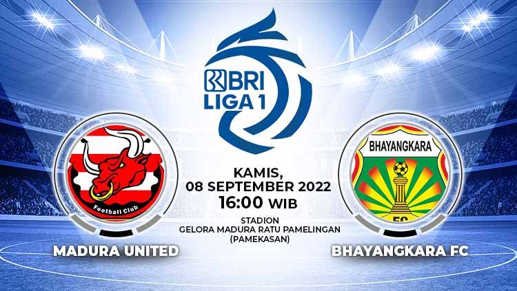 Berikut ini jadwal Liga 1 lanjutan pekan ke-9 antara Madura United vs Bhayangkara FC yang akan digelar hari ini, Kamis (08/09/22) pukul 16.00 WIB. Copyright: © Grafis: Yuhariyanto/INDOSPORT