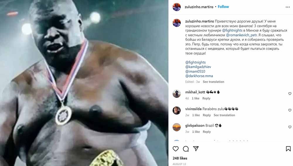 Petarung asal Belarusia, Petr Romankevich, berhasil mengalahkan veteran MMA berbobot hampir 200 kg, Zuluzinho hingga pingsan. Foto: Instagram@zuluzinho.martins Copyright: © Instagram@zuluzinho.martins