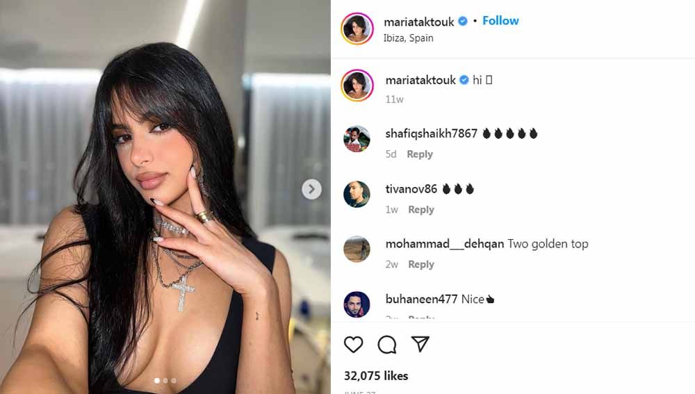 Putri tiri Cesc Fabregas, Maria Taktouk makin berani tampil buka-bukaan memamerkan body goals-nya yang seksi. Foto: Instagram@mariataktouk Copyright: © Instagram@mariataktouk