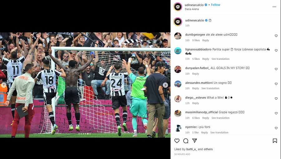 Udinese merayakan kemenangan usai mengalahkan Inter Milan di laga Serie A Italia. Foto: Instagram@udinesecalcio Copyright: © Instagram@udinesecalcio