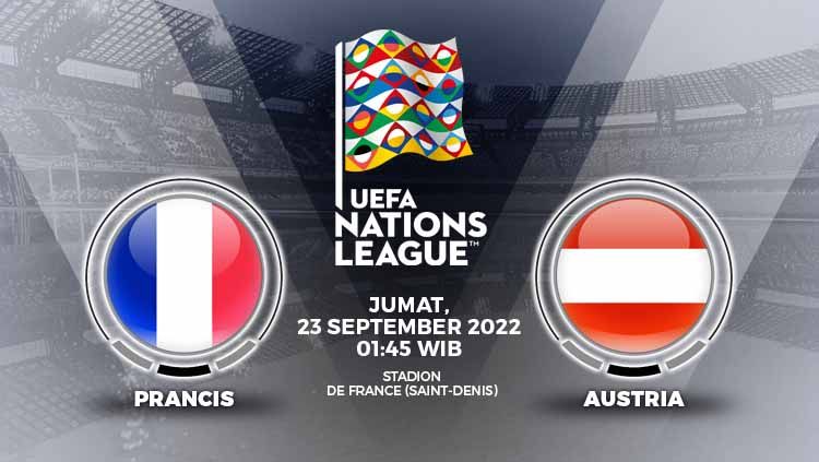 Berikut ini adalah prediksi pertandingan UEFA Nations League yang mempertemukan Prancis vs Austria, Jumat (23/09/22), pukul 01.45 WIB. Copyright: © Grafis: Yuhariyanto/INDOSPORT