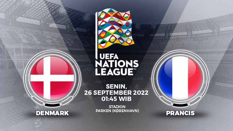 Berikut adalah jadwal dan link live streaming pertandingan EUFA Nations League 2022, antara Denmark vs Prancis, Senin (26/09/22). Copyright: © Grafis: Yuhariyanto/INDOSPORT