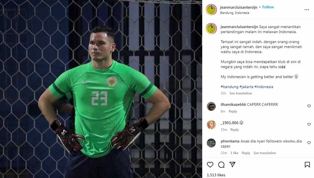 Kiper tim nasional Curacao, Jean-Marc Antersijn, mengaku tertarik bermain di Indonesia. Ia ingin bergabung dengan klub Liga Indonesia. Foto: Instagram@jeanmarcluisantersijn Copyright: © Instagram@jeanmarcluisantersijn