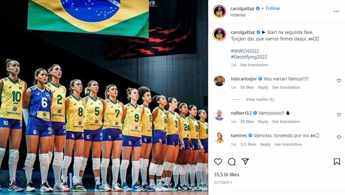 Setelah penantian panjang selama 12 tahun, catatan menakjubkan ditorehkan Brasil yang akhirnya melangkah ke final Kejuaraan Dunia Voli Putri 2022. Copyright: © Instagram@carolgattaz