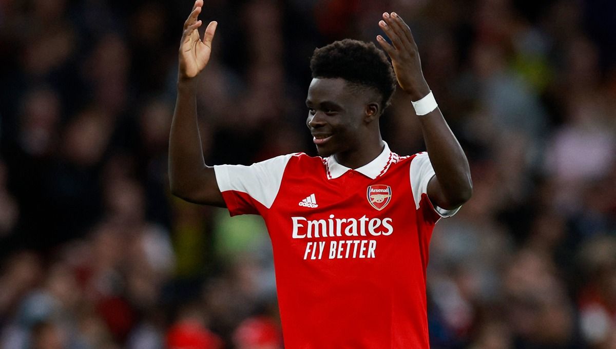 Bukayo Saka berhasil mencatatkan rekor yang belum didapatkan Erling Haaland dalam kemenangan 4-1 pada laga Arsenal vs Crystal Palace di Liga Inggris 2022-2023. Copyright: © Reuters/Peter Cziborra