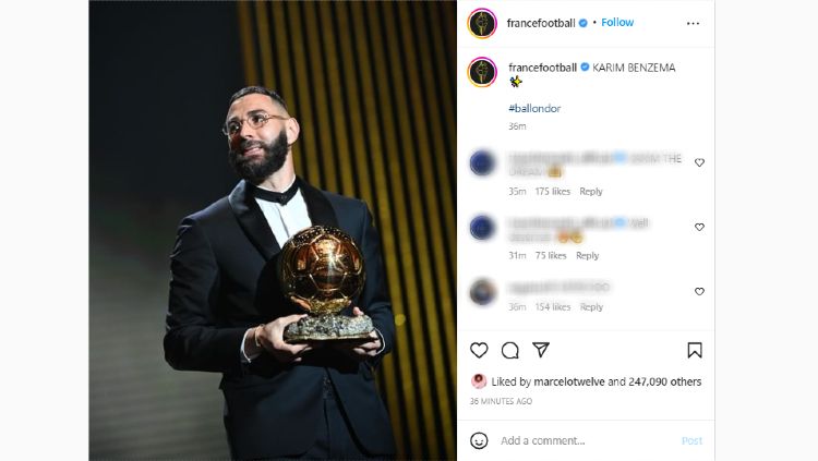 Karim Benzema menyabet gelar pemain terbaik pada ajang Ballon d’Or 2022 dengan mengalahkan dua bintang top sekelas Lionel Messi dan Cristiano Ronaldo. Copyright: © instagram.com/francefootball
