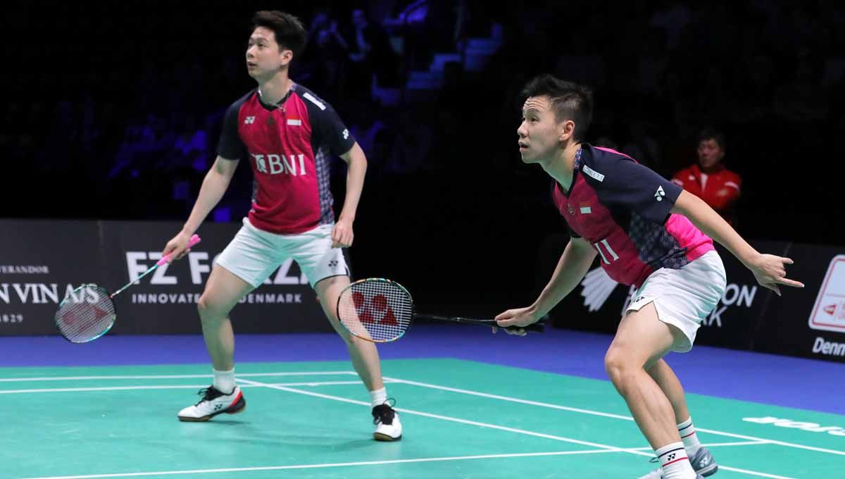 Pasangan ganda putra Indonesia, Marcus Fernaldi Gideon/Kevin Sanjaya Sukamuljo di Denmark Open 2022. (Foto: PBSI) Copyright: © PBSI