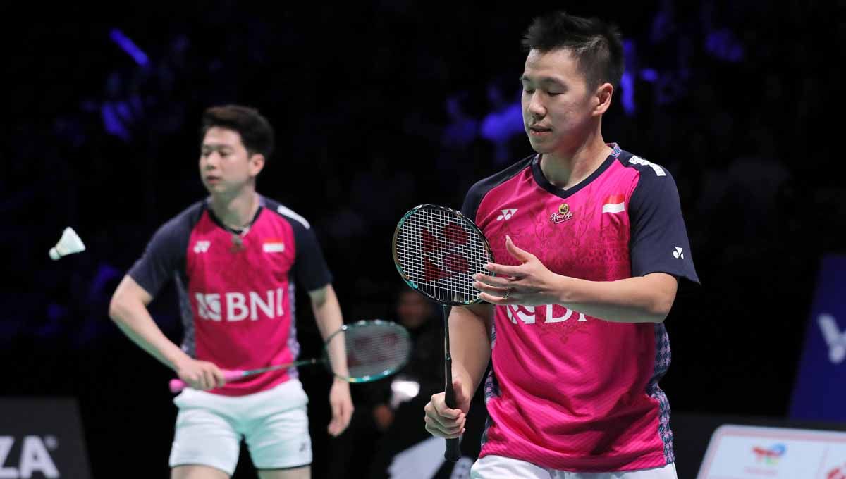 Pasangan ganda putra Indonesia, Marcus Fernaldi Gideon/Kevin Sanjaya Sukamuljo di Denmark Open 2022. (Foto: PBSI) Copyright: © PBSI