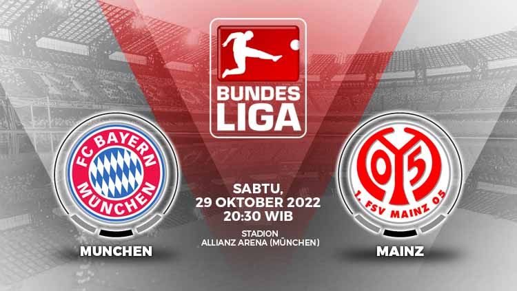 Berikut ini link live streaming pertandingan Liga Jerman pekan ke-12 Bayern Munchen vs Mainz pada hari Sabtu (29/10/22) malam WIB. Copyright: © Grafis: Yuhariyanto/INDOSPORT