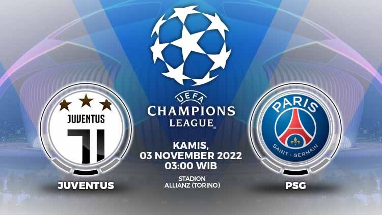 Berikut ini link live streaming pertandingan lanjutan Liga Champions 2022/23 antara Juventus vs Paris Saint-Germain. Copyright: © Grafis: Yuhariyanto/INDOSPORT