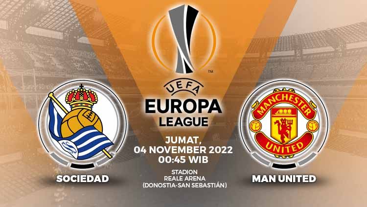 Berikut ini prediksi pertandingan Liga Europa antara Real Sociedad vs Manchester United yang akan berlangsung hari Jumat (04/11/22) pukul 00.45 WIB. Copyright: © Grafis: Yuhariyanto/INDOSPORT