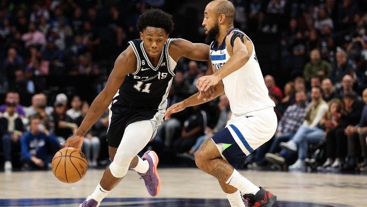 Roster San Antonio Spurs, Joshua Primo (kiri), di duel kontra Minnesota Timberwolves. (Foto: Reuters/Matt Krohn-USA TODAY Sports) Copyright: © Reuters/Matt Krohn-USA TODAY Sports