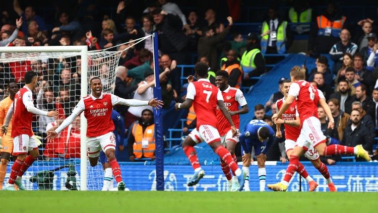 Selebrasi Gabriel Magalhaes usai mencetak gol di laga Chelsea vs Arsenal (06/11/22). (Foto: REUTERS/Hannah Mckay) Copyright: © REUTERS/Hannah Mckay