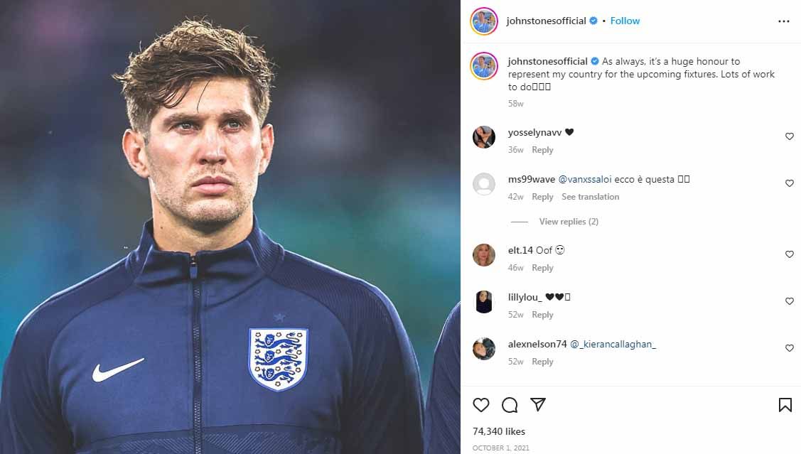 John Stones, pemain Timnas Inggris. (Foto: Instagram@johnstonesofficial) Copyright: © Instagram@johnstonesofficial