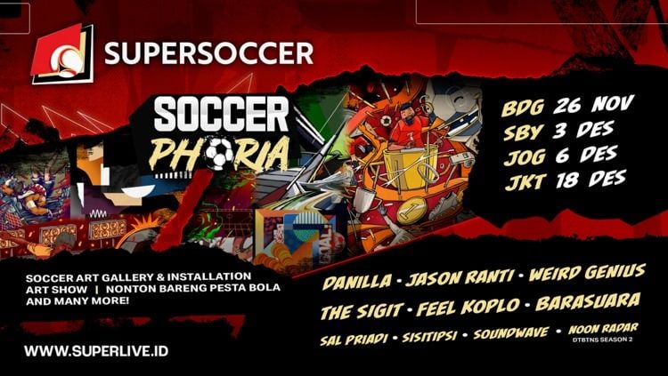 Supersoccer Soccerphoria bakal dihelat di Bandung, Surabaya, Yogyakarta, dan Jakarta. Copyright: © Supersoccer/Megapro