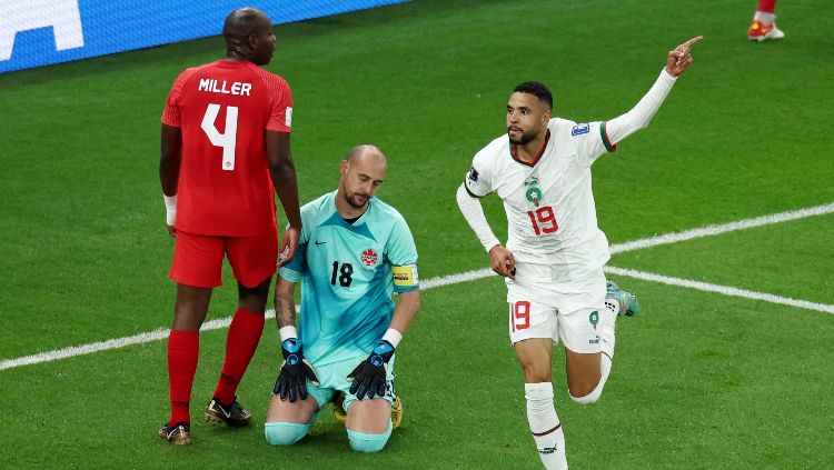 Youssef En-Nesyri dari Maroko merayakan gol kedua kontra Kanada di Piala Dunia 2022 REUTERS-Marko Djurica Copyright: © REUTERS-Marko Djurica